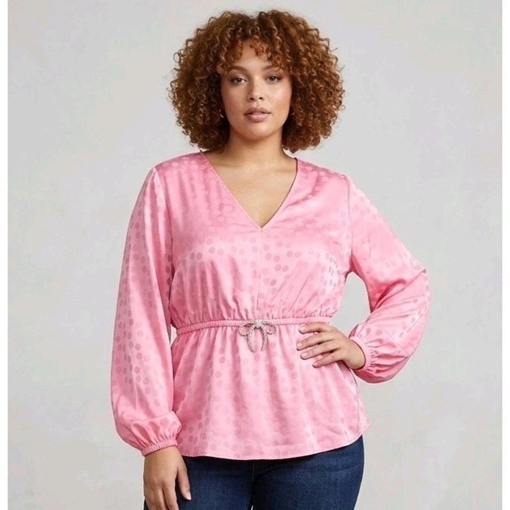 Cato Babydoll Blouse Plus Size 2X Satin Pink Polka Dot Long Sleeve